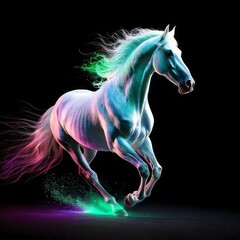 Naklejka premium A Majestic Neon Horse: A Fantastical Creature Galloping Through the Dark, Bathed in a Kaleidoscope of Electric Light