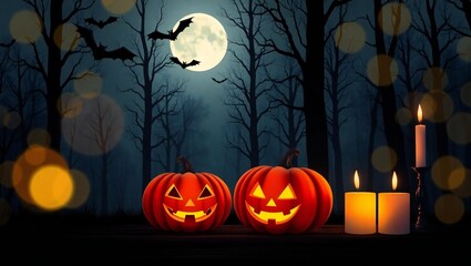 Spooky halloween night with glowing pumpkins and bats under a full moon