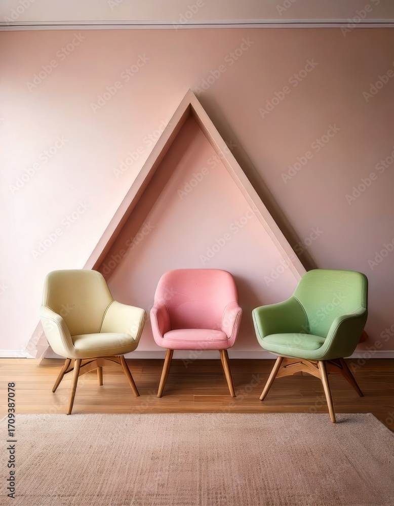 Poster pastel symphony: a trio of armchairs harmonizing with a triangular architectural element against a m