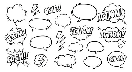 Collection of various comic book style speech bubbles and sound effects.