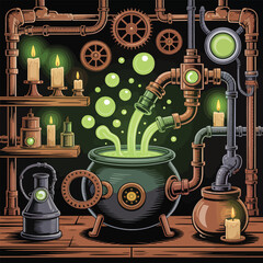 Steampunk laboratory with bubbling cauldron and glowing candles potion
