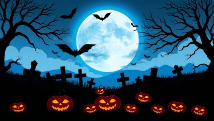 Fototapeta premium Spooky halloween night scene with jack o lanterns and bats under a full moon