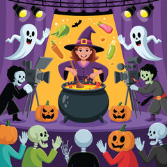 Halloween witch brewing potion on stage with skeletons and ghosts filming cauldron