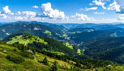 Fototapeta premium Expansive vista of a valley nestled amidst rolling hills, showcasing lush greenery, a village, and a clear blue sky with fluffy clouds.