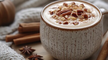 Butter pecan latte in a cozy ceramic mug topped with foamy milk and a sprinkle of crushed pecans with cinnamon sticks and a warm cloth nearby perfect for a chilly autumn day