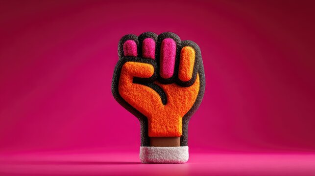 Raised fist, stylized, colorful,  on pink