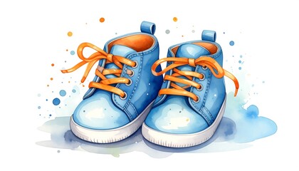 A pair of adorable, light-blue baby shoes with bright orange laces, presented in a whimsical watercolor style, sits against a backdrop of delicate blue watercolors.