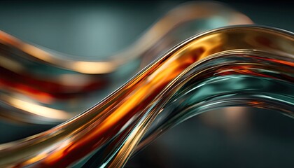 Abstract, fluid, metallic ribbons in gold, teal, and amber hues on a dark background