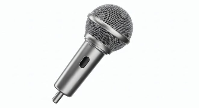 Classic handheld dynamic microphone with a metallic finish, isolated on a clean white background for audio recording and live performance