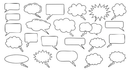 Fototapeta premium A collection of various speech bubbles and thought bubbles, outlined in black on a white background.