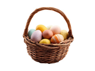 Woven basket filled with colorful speckled eggs easter