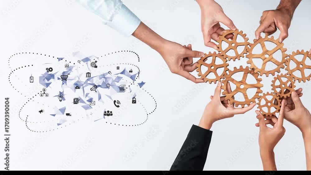 Aufkleber hands holding wooden gears symbolize teamwork and collaboration, linked with communication icons. th