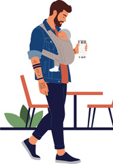 Latte Dad carrying baby in a sling, walking outdoors with a drink