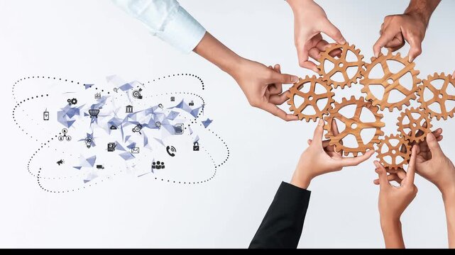 Hands holding wooden gears symbolize teamwork and collaboration, linked with communication icons. This image represents unity and innovative processes in business settings. Raster