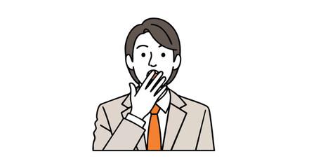 Surprised businessman covering his mouth with hand, simple line art illustration.