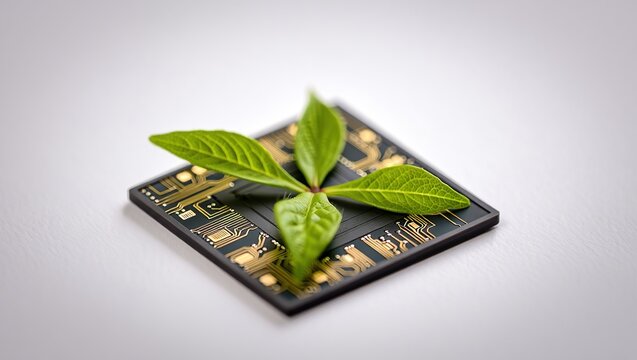  Computer chip seamlessly blended with natural green leaves