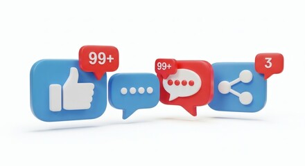 Obraz premium Social media icons of like, comment, chat, and share with notifications, for digital marketing