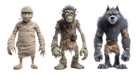 A mummy wrapped bandages, green zombie like creature with playful expression, and large, furry werewolf with fierce look. Each character showcases distinct features and styles, contributing to
