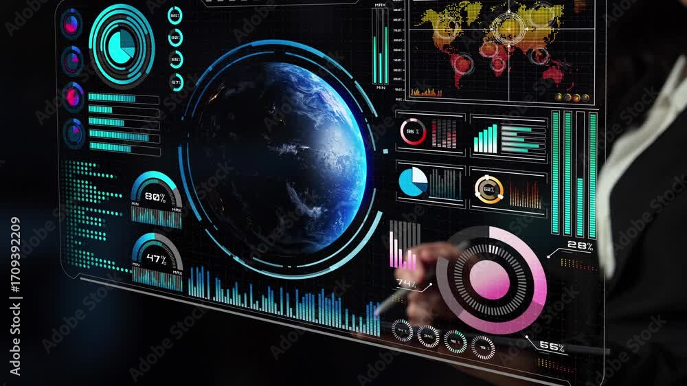 Poster high-tech global network connection interface showing worldwide digital communication, data exchange
