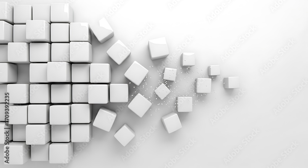 Poster abstract 3d white cubes structure breaking apart and reforming on light background
