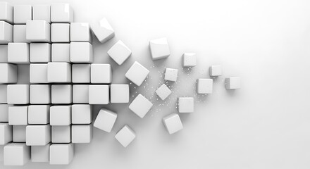 Abstract 3D White Cubes Structure Breaking Apart and Reforming on Light Background