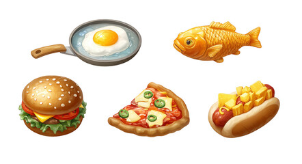 Delicious food icons including fried egg in pan, golden fish, hamburger, slice of pizza, and hot dog with toppings create vibrant culinary display