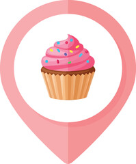 Sweet treat location pin delicious cupcake icon pastel pink bakery map marker vector