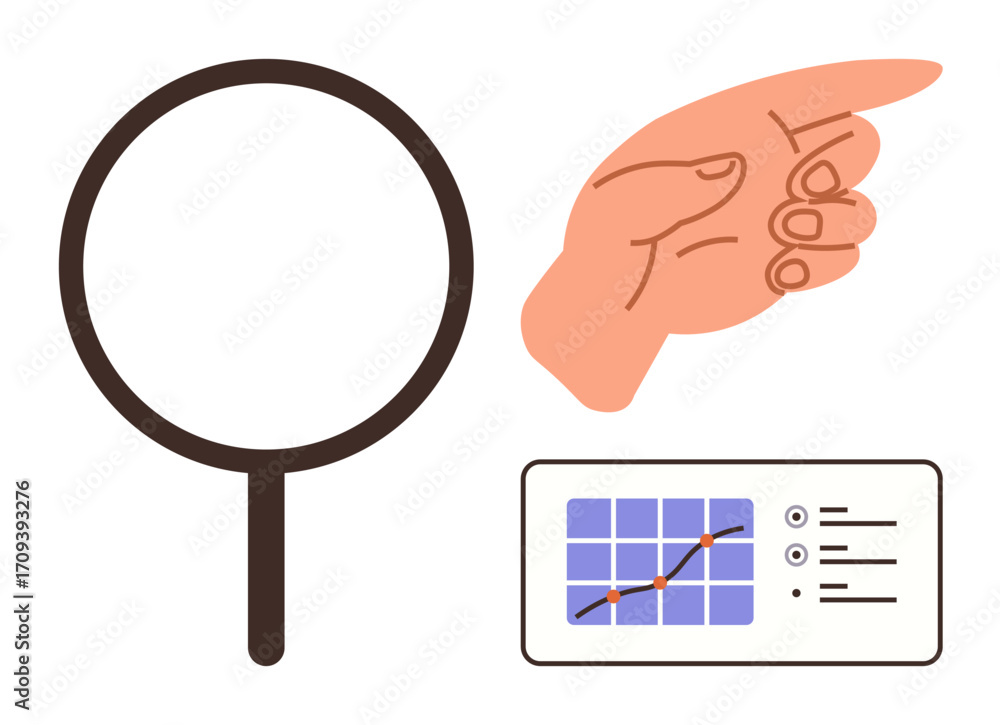 Poster magnifying glass, hand pointing to emphasize a data chart with line graph and information. ideal for