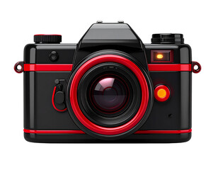 Stylized vintage camera icon in glossy black and red plastic isolated on transparent background PNG