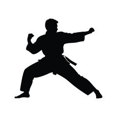 Silhouette of a skilled martial artist in a karate stance punching motion, martial artist blocking punch silhouette vector illustration