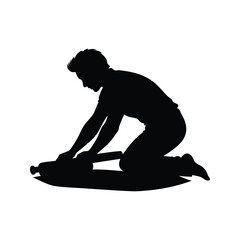 Silhouette of a man kneeling and waxing or polishing a snowboard or skis, person rolling doughsilhouette vector illustration