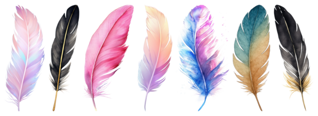 PNG Colorful watercolor feathers collection, element set on transparent background