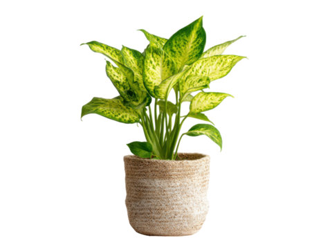 Variegated green and yellow leaves plant in woven pot image