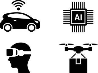 Futuristic technology icons: autonomous car, AI chip, VR headset, and drone delivery.
