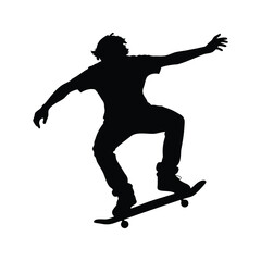 Silhouette of a Skateboarder Performing an Ollie Trick with Arms Extended, skateboarder doing manual trick silhouette vector illustration