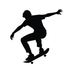 Silhouette of a Skateboarder Performing a Trick in Mid Air with arms outstretched, skateboarder doing ollie silhouette vector illustration