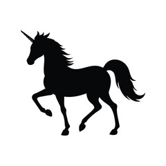 Silhouette of a prancing unicorn with a heart shaped mark for eye, unicorn with heart silhouette vector illustration