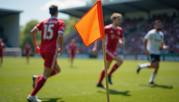 Soccer players in red jerseys near corner flag, vibrant atmosphere, lively match, stadium background, copy space