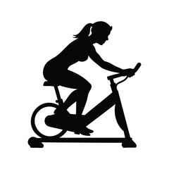 Silhouette of a woman riding exercise bike promoting healthy lifestyle and fitness, woman cycling on stationary bike silhouette vector illustration