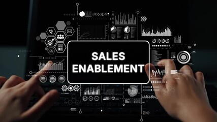 Hands Typing on Keyboard with Sales Enablement Text Overlay, Business Technology Concept for Marketing and Training. Asymptotic smart data analytic.