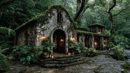 Moss-covered church surrounded by thick jungle vegetation, a peaceful and isolated natural setting