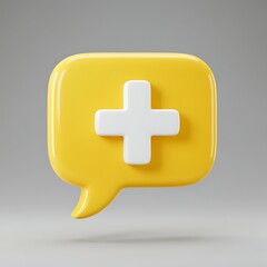 Bright Yellow Speech Bubble with White Plus Sign Design Element for Medical Healthcare and Technology Illustrations