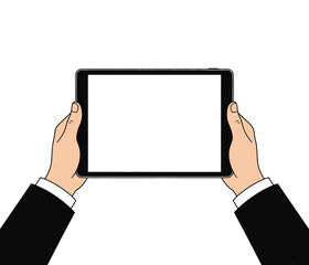 A businessperson's hands hold a tablet with a blank screen, symbolizing digital communication and technology