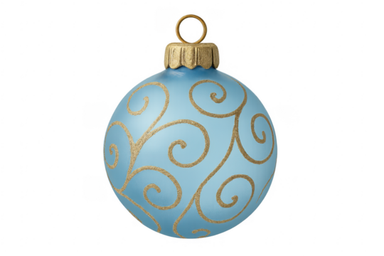 Light blue christmas ball ornament with gold swirls hanging on transparent background