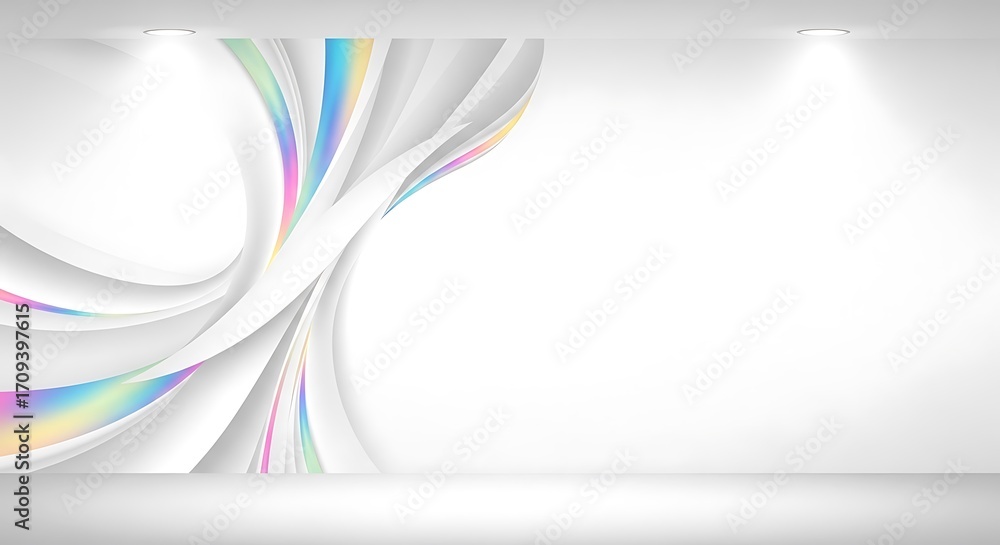 Poster white abstract studio background with wavy colorful gradient layers and spotlights