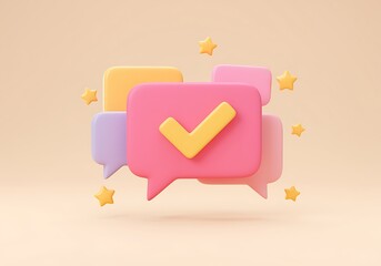 Colorful Speech Bubbles with Check Mark and Stars Symbolizing Communication Success and Approval Feedback