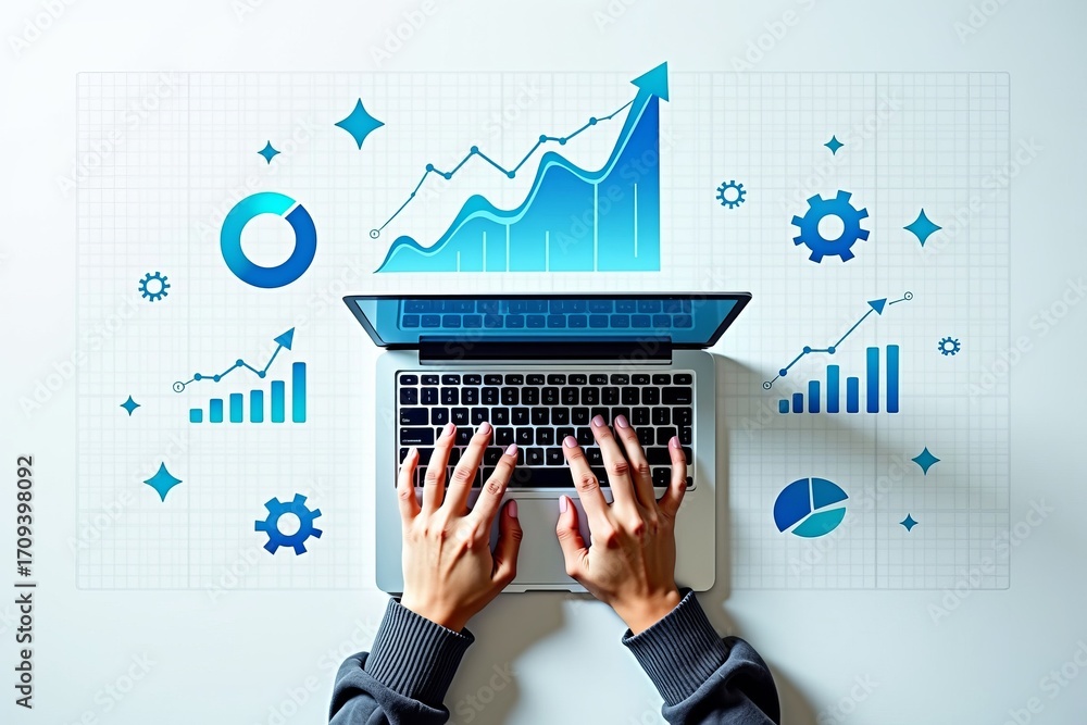 Poster business data analysis concept with hands typing on laptop keyboard surrounded by graphs, charts, an