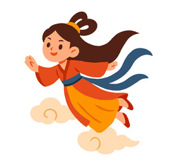 Cartoon Illustration of Chang'e on Clouds