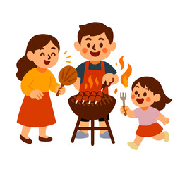 Illustration of Family Barbecuing Outdoors