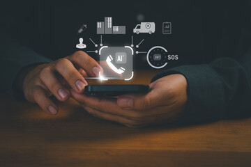 Close-up of hands using smartphone with AI emergency call icon, SOS symbol, hospital, ambulance,...